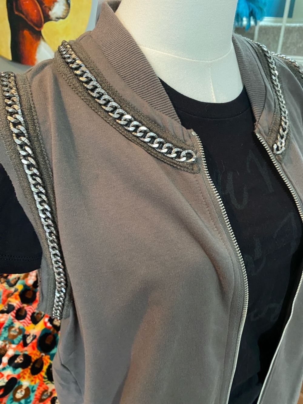 Sleeveless Chain-Trim Long Vest Jacket - Gray - Picture 2 of 7